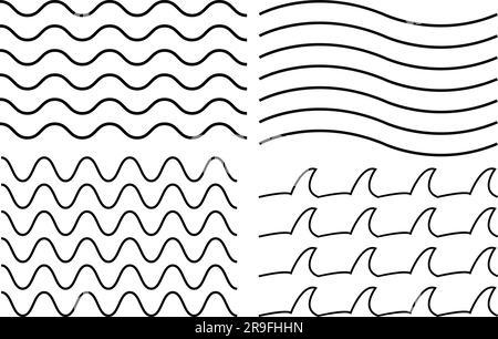 onde d'acqua. Set di linee ondulate a zig-zag. collezione di motivi ondulati. Linee curve nere in stile astratto. Gruppo di icone delle onde marine. simbolo dell'oceano Illustrazione Vettoriale