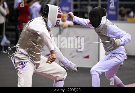 Cracovia, Polonia. 26 giugno 2023. L'atleta di scherma Oscar Geudvert raffigurato durante una lotta nella gara di scherma maschile, ai Giochi europei di Cracovia, in Polonia, lunedì 26 giugno 2023. I III Giochi europei, informalmente noti come Cracovia-Malopolska 2023, sono un evento sportivo internazionale in programma che si terrà dal 21 giugno al 02 luglio 2023 a Cracovia e Malopolska, in Polonia. BELGA PHOTO LAURIE DIEFFEMBACQ Credit: Belga News Agency/Alamy Live News Foto Stock