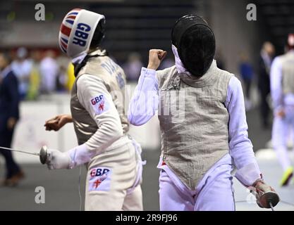 Cracovia, Polonia. 26 giugno 2023. L'atleta di scherma Oscar Geudvert raffigurato durante una lotta nella gara di scherma maschile, ai Giochi europei di Cracovia, in Polonia, lunedì 26 giugno 2023. I III Giochi europei, informalmente noti come Cracovia-Malopolska 2023, sono un evento sportivo internazionale in programma che si terrà dal 21 giugno al 02 luglio 2023 a Cracovia e Malopolska, in Polonia. BELGA PHOTO LAURIE DIEFFEMBACQ Credit: Belga News Agency/Alamy Live News Foto Stock