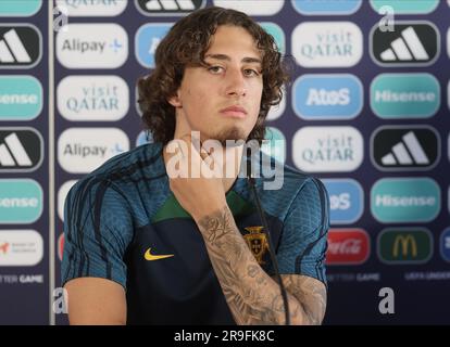 Tbilisi, Georgia. 26 giugno 2023. Fabio Silva nella foto durante una conferenza stampa della nazionale portoghese ai Campionati europei UEFA Under21, a Tbilisi, Georgia, lunedì 26 giugno 2023. I campionati europei UEFA Under21 si svolgono dal 21 giugno all'8 luglio in Georgia e Romania. BELGA PHOTO BRUNO FAHY Credit: Belga News Agency/Alamy Live News Foto Stock