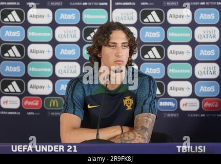 Tbilisi, Georgia. 26 giugno 2023. Fabio Silva nella foto durante una conferenza stampa della nazionale portoghese ai Campionati europei UEFA Under21, a Tbilisi, Georgia, lunedì 26 giugno 2023. I campionati europei UEFA Under21 si svolgono dal 21 giugno all'8 luglio in Georgia e Romania. BELGA PHOTO BRUNO FAHY Credit: Belga News Agency/Alamy Live News Foto Stock