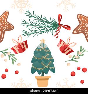 Motivo senza cuciture con stile natalizio con scatole regalo e illustrazione vettoriale del vischio su sfondo bianco Illustrazione Vettoriale