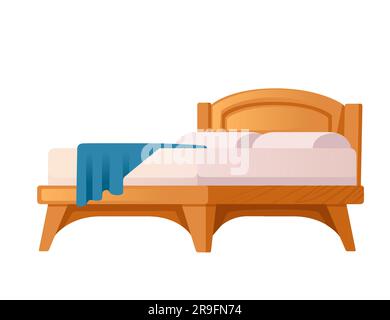 Letto in legno con materasso bianco e cuscini a figura vettoriale isolato su sfondo bianco Illustrazione Vettoriale