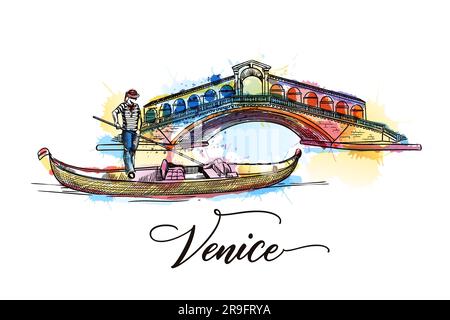 Viaggio verso l'Italia poster di Venezia, biglietto d'auguri, stampa con scritte in calligrafia disegnate a mano. Illustrazione di schizzo vettoriale di Rialto Bridge, gondola, gondo Illustrazione Vettoriale