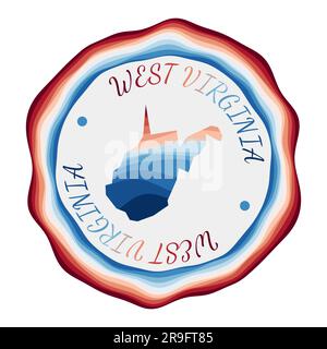 Distintivo West Virginia. Mappa dello stato degli Stati Uniti con splendide onde geometriche e una cornice blu-rossa brillante. Vivace logo rotondo della Virginia Occidentale. Illustrazione vettoriale Illustrazione Vettoriale