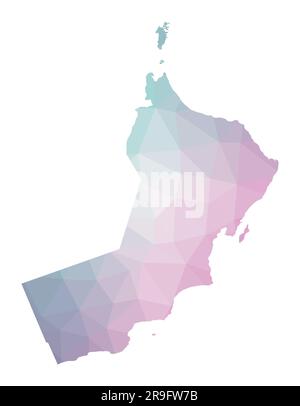 Mappa poligonale dell'Oman. Illustrazione geometrica del paese in colori smeraldo e ametista. Mappa dell'Oman in stile poly basso. Illustrazione Vettoriale