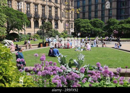 I Peace Gardens di fronte al municipio gotico, nel centro di Sheffield, South Yorkshire, Regno Unito Foto Stock