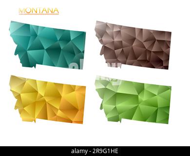 Serie di mappe poligonali vettoriali del Montana. Mappa gradiente luminoso dello stato noi in stile poly basso. Mappa del Montana multicolore in stile geometrico per il tuo infog Illustrazione Vettoriale