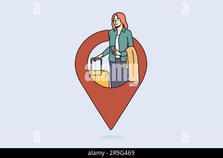 Donna in viaggio con valigia vicino a una spilla GPS gigante per il concetto di navigazione e logistica dei trasporti per il turismo. Geotag con una ragazza in viaggio d'affari che tiene una borsa su ruote e un telefono cellulare Illustrazione Vettoriale