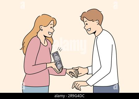 Donna incinta con ecografia e bambino che mostra il futuro bambino a un padre felice. Una coppia positiva di uomini e ragazze che si preparano a diventare genitori e si tengono per mano dopo essere andati dal medico Illustrazione Vettoriale