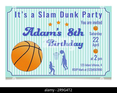 Invito per tema basket invito per la festa di compleanno modello di invito invito all'ingresso e ammissione illustrazione vettoriale isolata su sfondo bianco Illustrazione Vettoriale