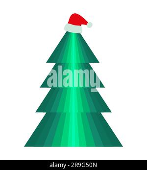 Albero di Natale appeso cappello di Babbo Natale sulla parte superiore illustrazione vettoriale isolata su sfondo bianco Illustrazione Vettoriale