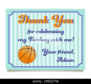 Carta di ringraziamento tema basket Festa di compleanno modello di carta di ringraziamento invito di ingresso e ammissione illustrazione vettoriale isolata su bianco Illustrazione Vettoriale