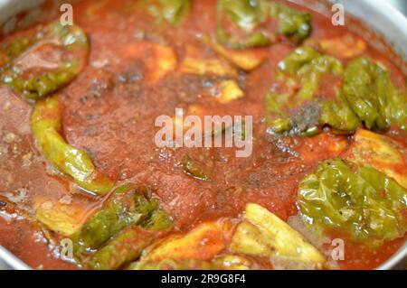 Moussaka, una ricetta a base di melanzane o di patate, peperoni e peperoni che spesso include carne macinata, molto comune nei Balcani e. Foto Stock