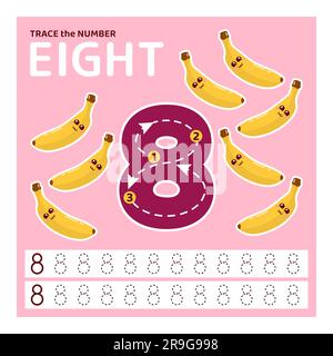 Traccia numero otto. Imparare a contare e scrivere. Illustrazione Vettoriale