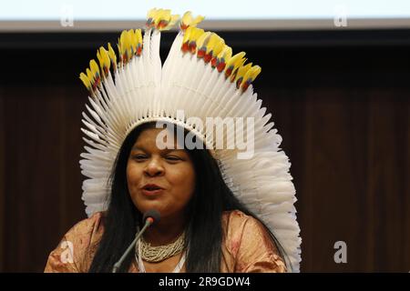 Ritratto di Sônia Guajara, ministro brasiliano dei popoli indigeni Foto Stock