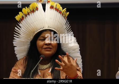 Ritratto di Sônia Guajara, ministro brasiliano dei popoli indigeni Foto Stock