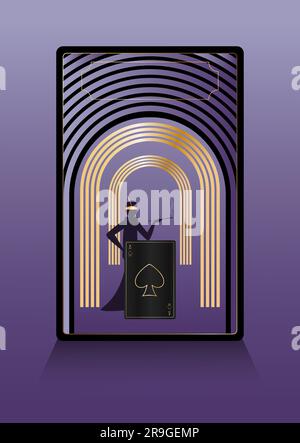 ACE di picche dorate su una carta da gioco nera, archi donna e oro stile Art Deco modello per banner spazio copia illustrazione vettoriale Illustrazione Vettoriale