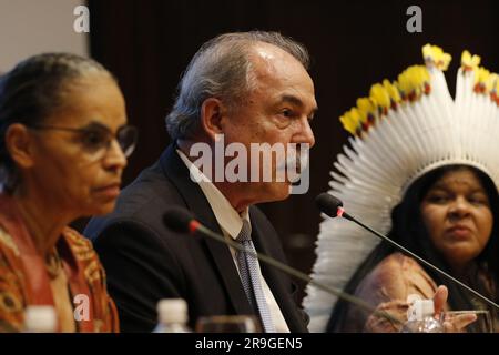 Ritratto di Marina Silva, Ministro dell'ambiente, Aloízio Mercadante, presidente della BNDES, e Sonia Guajajara, ministro dei popoli indigeni Foto Stock