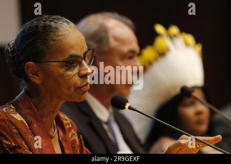 Ritratto di Marina Silva, Ministro dell'ambiente, Aloízio Mercadante, presidente della BNDES, e Sonia Guajajara, ministro dei popoli indigeni Foto Stock