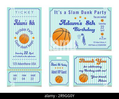 Modelli di invito per la festa di compleanno per tema basket invito all'ingresso e ammissione illustrazione vettoriale isolata su sfondo bianco Illustrazione Vettoriale
