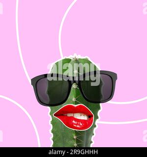 Elegante collage artistico. Cactus con occhiali da sole che mordono il labbro su sfondo rosa Foto Stock