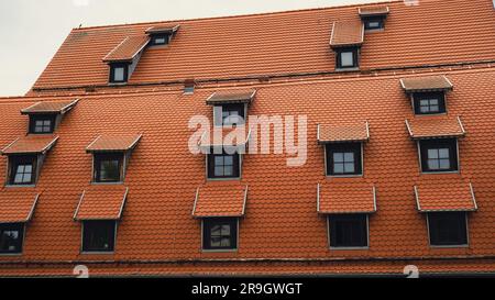 Angolo con dormitori tetti rossi della città tegole di metallo marrone tetto della casa europea con finestre. Tipico tetto europeo in mattoni con finestre. Città di Bydgoszcz Foto Stock