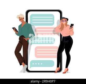 Il ragazzo e la ragazza comunicano online su un social network. Applicazione per incontri, relazioni a distanza, stile di vita moderno. Cartoo vettoriale piatto Illustrazione Vettoriale