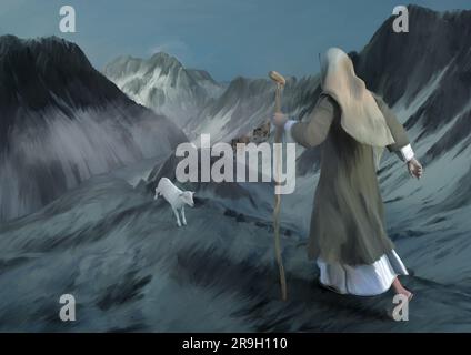 Rappresentazione 3D di un uomo in un paesaggio montano con un agnello bianco Foto Stock