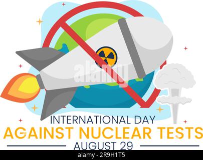 Giornata internazionale contro i test nucleari illustrazione vettoriale il 29 agosto con icona del segno di divieto, Terra e bomba a razzo in modelli disegnati a mano Illustrazione Vettoriale