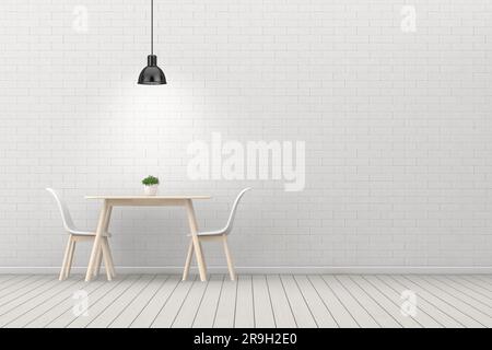 Interno della cucina con lampada, tavolo e due sedie vicino al muro di mattoni, primo piano estremo. Rendering 3D. Foto Stock