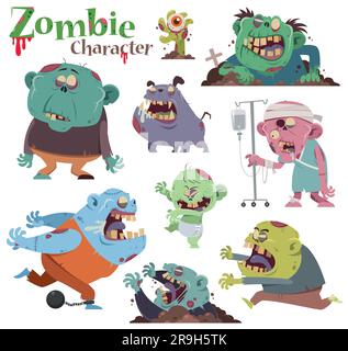 Un'illustrazione spettrale e divertente in stile cartoni animati che presenta una varietà di personaggi zombie in diverse forme e personalità. Illustrazione Vettoriale