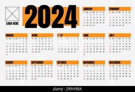 Calendario 2024 vettoriale, design semplice e divertente minimalista, internazionale, mensile a partire da domenica Illustrazione Vettoriale