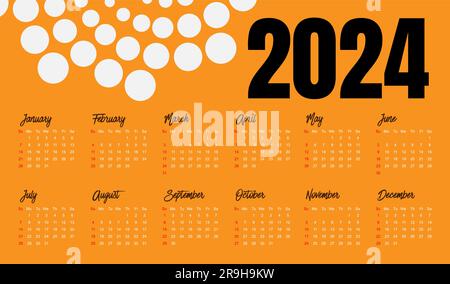 Calendario 2024 vettore modello, semplice design minimale, International Planner 2024 anno, muro 2024 anno, settimana inizia domenica, set di 12 calendario Illustrazione Vettoriale