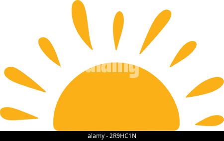Icona gialla a metà sole in stile doodle. Tramonto disegnato a mano semplice simbolo grafico. Icona calore estivo. Elemento solare semicirpo. Illustrazione vettoriale Illustrazione Vettoriale