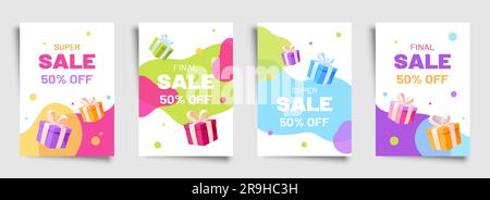 Serie di buoni sconto promozionali promozionali banner flat. Confezione regalo a sorpresa design a liquido minimalismo prezzo promozionale per le festività del Black friday offerta speciale concept Opening Store buono sconto regalo isolato Illustrazione Vettoriale
