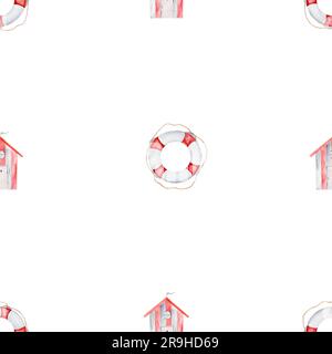 acquerello a ripetizione tema marino. simpatico modello per bambini con case sul mare e salvagente. modello minimalista per tessuti per bambini Foto Stock