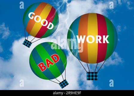Palloni ad aria calda con un concetto di lavoro buono o cattivo. Sfondo astratto. Illustrazione 3D. Foto Stock