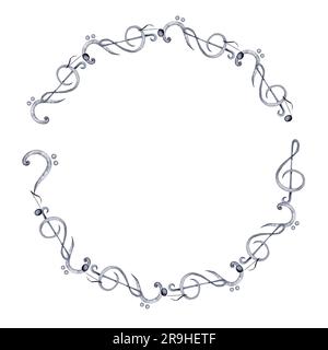 Cornice rotonda con acuti e bassi su sfondo bianco. Illustrazione ad acquerello musica classica. Foto Stock