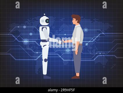 Stretta di mano tra uomo e robot sullo sfondo della tecnologia astratta. Concetto di tecnologia aziendale Illustrazione Vettoriale