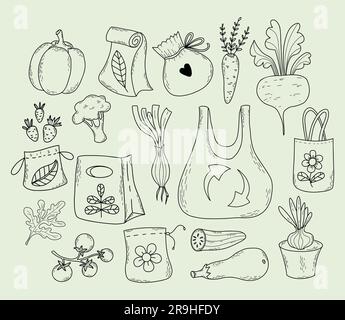 Sacchetti ecologici, sacchetti di carta riutilizzabili, frutta e verdura. Illustrazione vettoriale. Disegni manuali di contorno isolati. Protezione dell'ambiente, prodotti ecologici Illustrazione Vettoriale
