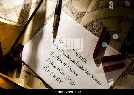 Mostre all'interno della Casa di MinaLima, un negozio a tema Harry Potter, Soho, Londra, Regno Unito Foto Stock