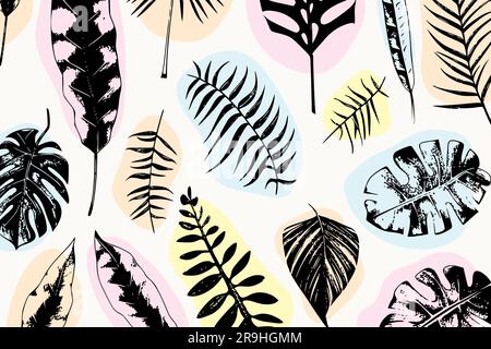 set illustrativo di piante tropicali e foglie, stile disegnato a mano, schizzo di contorno. Illustrazione Vettoriale
