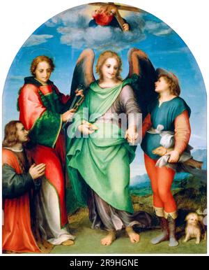 Andrea del Sarto, l'Arcangelo Raffaello con Tobias, San Leonardo e il donatore Leonardo di Lorenzo Morelli, dipinto ad olio su tavola, 1512 Foto Stock