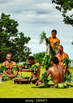 Una tradizionale cerimonia kava nel villaggio Fijiano di Waitabu, Taveuni, Figi Foto Stock