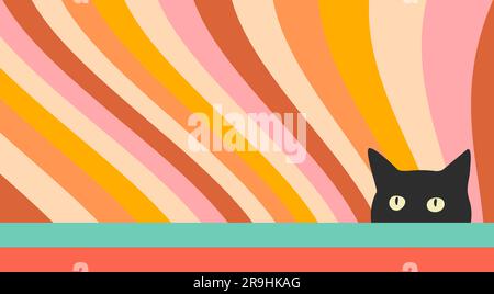 Sfondo astratto colorato con motivo retro e grazioso gatto nero. Sfondo orizzontale con onde e silhouette del viso con testa gattino in stile retrò anni '60 e '70 Illustrazione Vettoriale