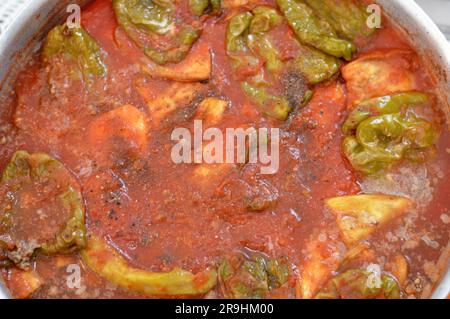 Moussaka, una ricetta a base di melanzane o di patate, peperoni e peperoni che spesso include carne macinata, molto comune nei Balcani e. Foto Stock