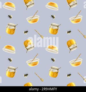 Acquerello di miele e api motivo senza cuciture con vasetti, cucchiai di legno su sfondo azzurro Foto Stock
