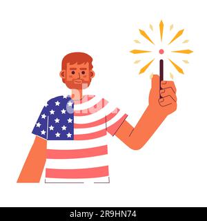 Uomo patriottico caucasico con un carattere vettoriale colorato semipiatto sparkler Illustrazione Vettoriale