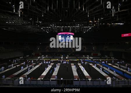 Cracovia, Polonia. 27 giugno 2023. Scherma. 2023 Giochi europei. Tauron Arena. Cracovia. Una visione generale (GV) dell'arena durante l'evento di scherma ai Giochi europei del 2023, Cracovia, Polonia. Credito: Sport in Pictures/Alamy Live News Foto Stock